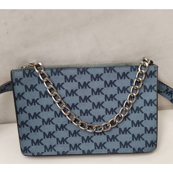 Michael Kors Blue Denim MK Logo Silver Chain Pull Women's Waist Pack Bell Bag - Picture 1 of 16